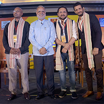 Panelists Piyush Roy, Manish Kishore and Sharman Joshi pose for a picture with Prabhu Chawla